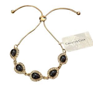 NWT Charter club slider gold tone tear drop faux black/dark blue bracelet
